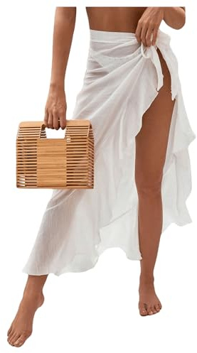 OYOANGLE Women's Mesh Sheer Swimsuit Cover Up Ruffle Tie Side Beach Sarong Wrap Long Skirt White Small