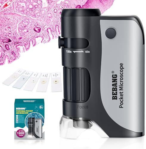 BEBANG 60x-120x Taschenmikroskop, Handheld-Mini-Mikroskop für Kinder mit LED-beleuchtetem Zoom, tragbares Mikroskop für Kinder, Studenten, Erwachsene, mikrobiologische Beobachtung, Vorschule