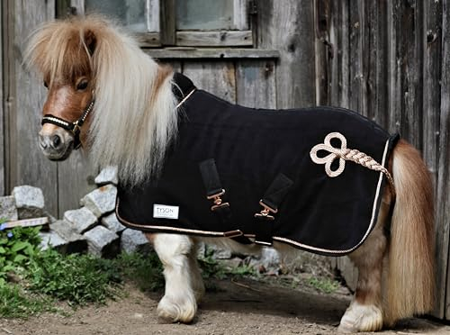 Zaraa Abschwitzdecke Paradedecke mit Kragen Anti Pilling Fleece Schwarz Silber- oder Goldfarben, Rosegold Minishetty Shetty Welsh Pony 70 80 90 100 110 (Schwarz/Rosegold-Goldfarben, 110)