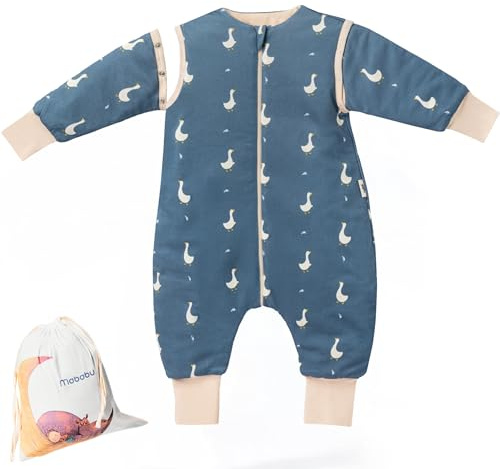 Mababu Sacco nanna per tutto l'anno con piedi e maniche rimovibili, 1,5 TOG, 100% GOTS, cotone biologico, sacco a pelo per tutto l'anno con piedi, polsini pieghevoli, Goose Dream, 90 cm