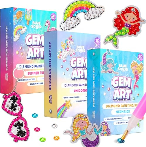 Blue Squid Diamond Art Kits for Kids – Summer Fun, Mermaid, & Unicorn - Fun & Easy DIY 5D Gem Art Kids Diamond Painting Kit - Arts & Crafts Kit, Girls, Boys Ages 6-12