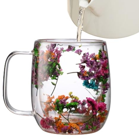 Tazza in Vetro a Doppia Parete con Design a Fiori Secchi, Per Tè, Cappuccino e Bevande Fredde