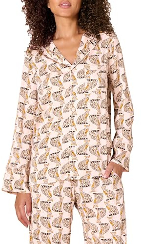 Amazon Essentials Camisa de Dormir de satén de Manga Larga de Corte Recto (los Pantalones se Venden por Separado) Mujer, Rosa Pálido Carmín Leopardo, XXL