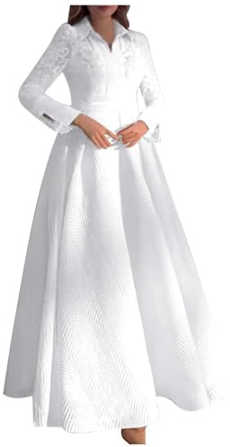 Robe Longue Femme Dentelle, Robe de Soiree Brodé-Robe Vintage Manche Longue Col V Taille Haute Chic Et Elegant Dress Slim Classique Swing Solide Pour MariéE Ceremonie Cocktail Robes