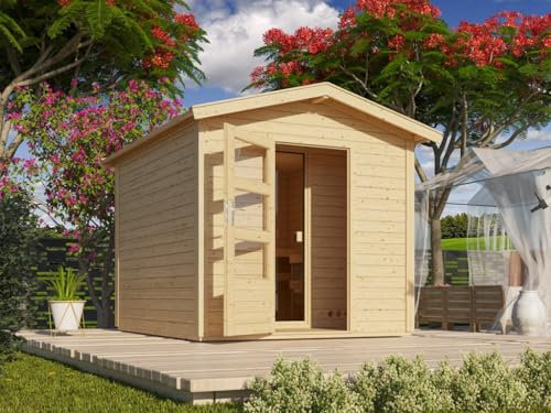 Karibu Gartensauna Saunahaus Outdoor Sparset mit Vorraum 38mm, außensauna inkl. Bio Saunaofen 9 KW mit Steuergerät, Outdoor Sauna 231x273x235cm, Gartensauna für 3 Personen