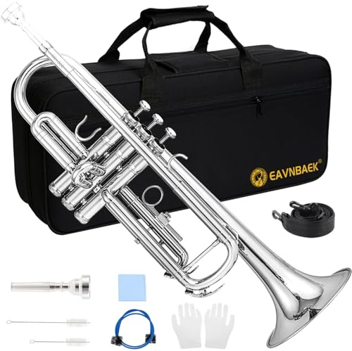 Eavnbaek Bb Standard Trumpet Set for Beginner or Advanced Student, Brass Student Trumpet Instrument with Hard Case, Cleaning Kit, 7C Mouthpiece and Gloves (Nickel)