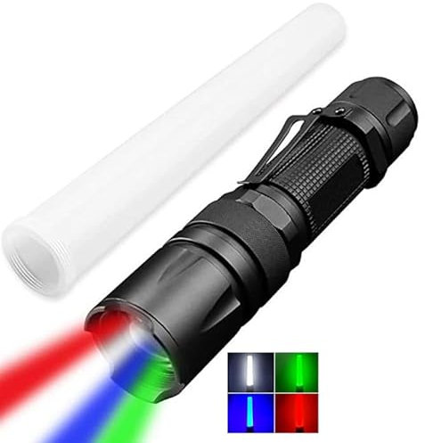 POCKETMAN Lampe de poche LED 4 couleurs vert, bleu, blanc, lumière rouge, 4 en 1, multifonctionnelle, 5 modes, zoomable avec W/ombre pour le quotidien, l'extérieur, la randonnée, les urgences