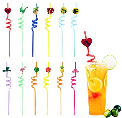 12 Pièces Pailles en Plastique Colorées, yisight Pailles Bouclées de Fête, Pailles pour Cocktails, Pailles Amusantes en Forme de Boucle, Réutilisable Pailles Colorées pour fête, bar (Singularité)