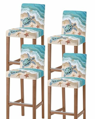 Jeomia Stretch Bar Stool Covers, Sea ​​Turtle Coastal Starfish Beach Removable Counter Stool Pub Chair Covers Slipcover with Elastic Bands for Dining Room Set of 4 Blue Ocean Water