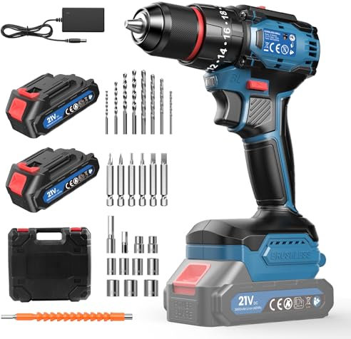 Taladro Percutor a Batteria Con Motor Sin Escobillas, Destornillador Electrico 21V, set con 2 batterie 2.0 Ah, 20+3 livelli di coppia, 2 velocità, 26 accessori e custodia, per riparazioni e fai da te