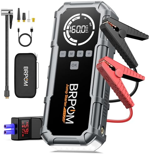 BRPOM 8000A y 160PSI Arrancador de Coches con Compresor de Aire, Arrancador de Batería de Coche (Toda Gasolina o 12L Diésel), Compresor Aire Portatil, 12V Jump Starter, Pantalla LCD, 600 Lumen LED