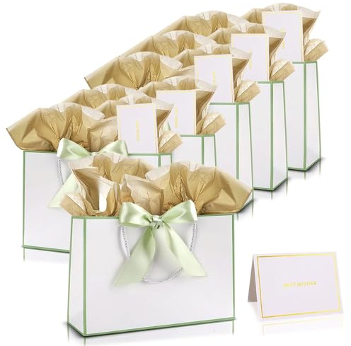 6 piezas Bolsas de Regalo con Lazo Blanco Verde,Bolsa de Papel Cumpleaños Medianas con Asa,6 Tarjeta Felicitación y 12 Pañuelos,Embalaje Regalo para Cumpleaños,Fiestas,Bodas,Baby Showers,Celebración