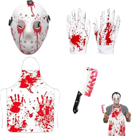 Pddenality 4 PCS Chef Costume, Halloween Costume, Butchers Apron, Mens Fancy Dress Costume Prop Halloween Chef Outfit Set with Mask Prop Gloves halloween fake blood Apron