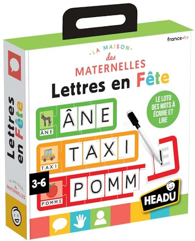 HEADU - Lettres en Fête - Le Loto des Mots À Écrire Et Lire | Jeu Educatif 3 4 5 6 Ans, en Collaboration avec Les Maternelles, Cadeau Enfants, Cadeau Fille, Cadeau Garçon, Made in Italy