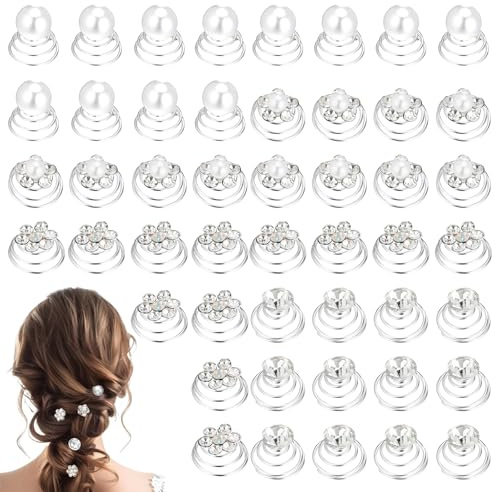BOHUIZ 48 Stück Haarspiralen Hochzeit, 4 Stil Haarschmuck Braut Blumen Kristall Zubehör Haarschmuck Hochzeit Spiral Haarnadeln Silber Haar Accessoire für Mädchen Damen Brautschmuck Haarclips