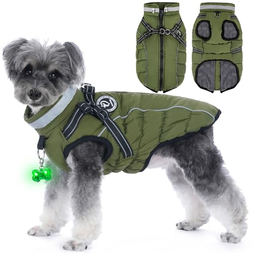 HezzLuv Waterproof Dog Winter Jacket with Harness, Reflective Strips & LED Light-Emitting Collar Dogs Coat, Fleece Cotton Lined, Windproof/Adjustable Warm Dog Coats & Jackets for Small & Medium Dogs