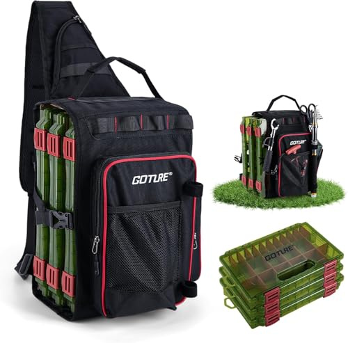 Goture Sac de pêche avec 3 boîtes à appâts, Sacs de pêche avec Une Sangle, Oxford 900D, Plusieurs Poches, imperméable, Sac de Poitrine à bandoulière pour la randonnée