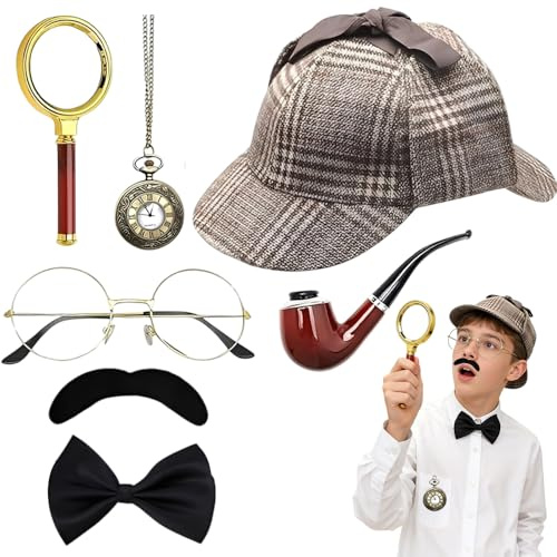 Set Di Accessori Da Detective Sherlock Holmes 7PCS, Cappello Da Detective, Lente d'Ingrandimento, Occhiali In Metallo, Papillon, Barba, Orologio Da Taschino, Fischietto per Cosplay, Carnevale, Feste