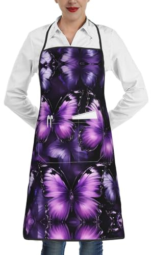 DUWAA Tablier de cuisine pour homme et femme Motif papillon Violet et noir