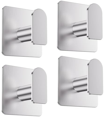 Aikzik Strong Self Adhesive Hooks - 4 Pack Heavy Duty 8kg(Max), Stainless Steel Sticky Hooks for Hanging for Towel, Coat, Robe, Stick on Bathroom, Kitchen, Door and Wall, Silver