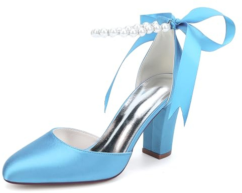 Chaussures de Mariage pour Femmes à Bout fermé, Talons carrés épais avec Perles, Escarpins en Satin, Brides à la Cheville, Chaussures de soirée pour Bal et fêtes,Sky Blue,41 EU