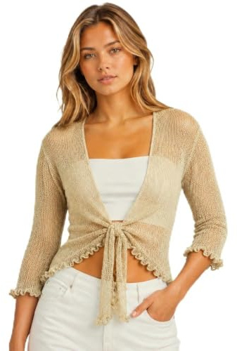 Hamishkane® Women’s Shrugs, Double Fine Knit Bolero Cardigans for Women, 3/4 Sleeve Tie Front Top, Stretchy Cropped Cardigan, Ladies Evening Tops, Lightweight Summer Shrug
