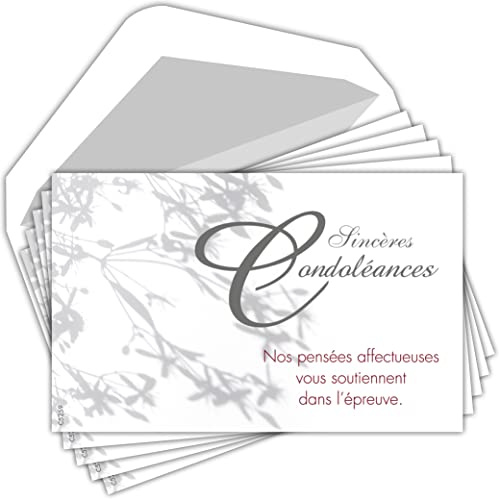 C5259 Sincères Condoléances Lot 5 Cartes identiques + 5 Enveloppes Blanches Format 9x14cm - Nos pensées affectueuses vous soutiennent dans l'épreuve Décès Obsèques Deuil Pochette Fabriqué en France