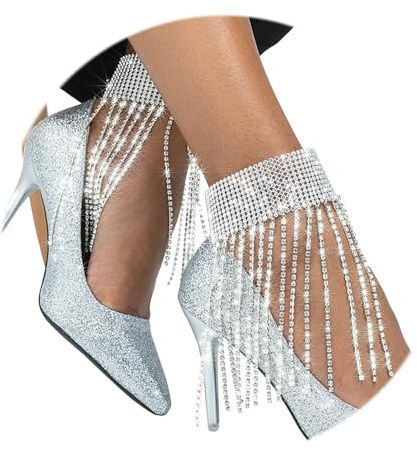 ELABEST Rhinestone Ankle Bracelets Crystal Tassel Anklet 2pcs Glitter Tennis Foot Chain Wedding Jewelry Accessories for Women(Silver)