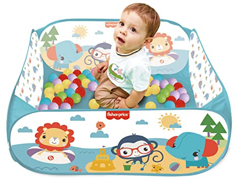 DEQUBE Fisher Price - Piscina portatile per bambini, con 25 palline, borsa per il trasporto, facile montaggio e smontaggio, parco di palline per bambini, dimensioni 90 x 40 x 90 cm 920D00088