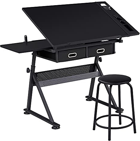 Abician Table à Dessin Inclinable avec Tabouret Bureau pour Dessinateur Réglable en Hauteur avec Rallonge Rétractable Compartiments à Crayons Table d’architecte Noir