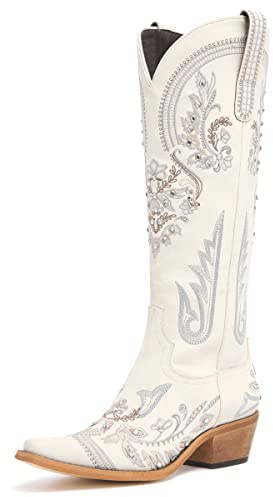 vodvob Western Cowboy Boots for Women Embroidered Rhinestones Knee High Cowgirl Boots Pointed Toe Chunky Heel Fashion Retro Classic Tall Boot