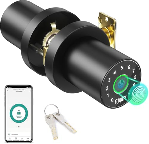 FITNATE 4-in-1 Fingerabdruck Türknopf, Türschloss Fingerabdruck, Smart Biometric Door Lock, Mit App-Steuerung, geeignet für Büro, Zuhause und Hotel, Schwarz