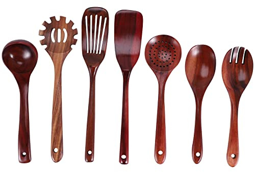 Exogio 7-pack köksredskap i trä, stekspade matlagningssked slev, pastaslev, serveringssked, av naturligt teak, skumsked, träspatel, non-stick köksbestick-set