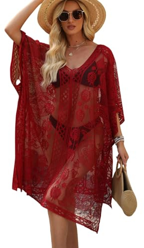 Hykiee Beach Coverups for Women, Plus Size Elegant Lace Kimono Beachwear for Ladies & Girls, Hollow Out Short Sleeve V-Neck Sexy Bikini Swimsuit Beach Cover Up Dress for Holidays Seaside, Red
