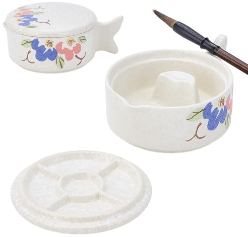 PH PandaHall Calamaio per Calligrafia Cinese A Forma di Pesce Piatto per Inchiostro In Porcellana Piatto per Inchiostro In Ceramica A Fiore con Portapennelli per Pratica Pittura Calligrafica