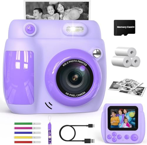 Gofunly Kids Camera Instant Print for Boys & Girls Ages 3-10, 2.4'' Screen | 1080P Digital Camera Funny Toys, Memory Card, 3 Rolls Print Paper, Birthday Christmas Presents for Childrens Gifts, Purple