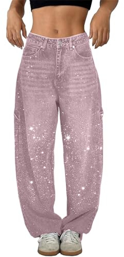 Generico Jeans Haren Larghi con Strass Casual Primaverili da Donna Pantaloni Vintage in Denim a Vita Alta Pantaloni Larghi con Strass a Vita Alta Jeans Lucidi Dritti a Gamba Larga