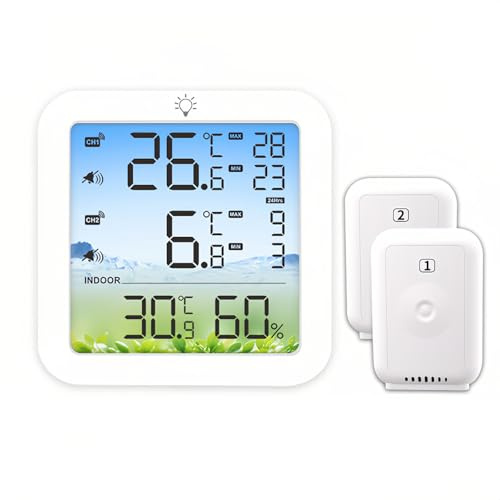 Lancoon Digital kylskåpstermometer hygrometer med magnetisk design 2 trådlösa sensorer bakgrundsbelysning temperaturlarm för överskridande av gräns för kylskåp inomhus utomhus