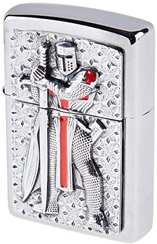 Zippo Briquet tempête – Templier, Chrome brossé, emblème – Rechargeable – Réutilisable – Design Coupe-Vent – Boîte Cadeau – Fabriqué aux États-Unis