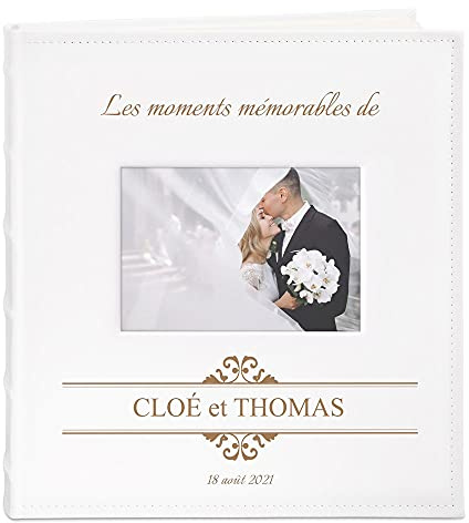 Maverton Album Photo Scrapbooking 33x30 cm en cuir blanc avec poche ouvrable, Cadeau mariage pour chaque couple Cadeau Personnalisé - Album photos vide sous forme de livre avec impression - moments