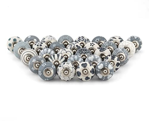 Craft Trade Grey Ceramic Cabinet Knobs, Pack of 30 | Grey ceramic cabinet knobs with decorative designs, ideal for drawers, cupboards, wardrobes, dressers and kitchen furniture.