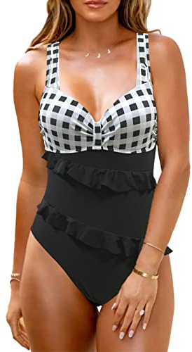JFAN Bañadores Mujer Trajes de Baño de Una Pieza Push Up Bikini Bandeau con Volantes Bañador Mujer Reductor Barriga A Cuadros L