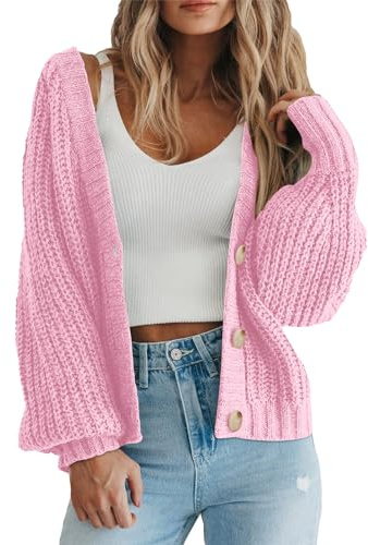PRETTYGARDEN Women's Short Cardigan Sweaters V Neck Button-Down Long Sleeve Oversized Chunky Knit Cardigans (Pink,Medium)