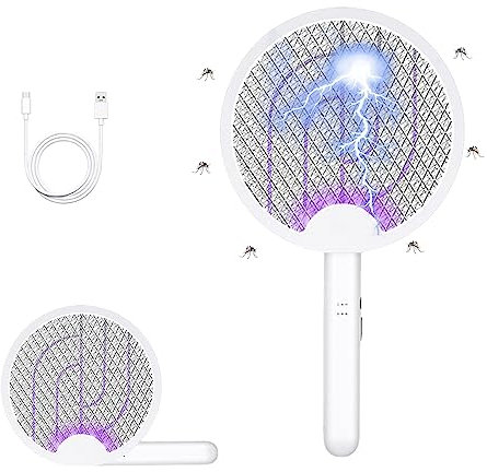 Folding Electric Fly Swatter Racket,2-in-1 USB Rechargeable Fly Zapper,Dual Modes FlyKiller with Mosquito Trap Lamp,Outdoor Indoor FlySwatter Electric Zapper for Mosquitoes, Flies, Bees, Moths