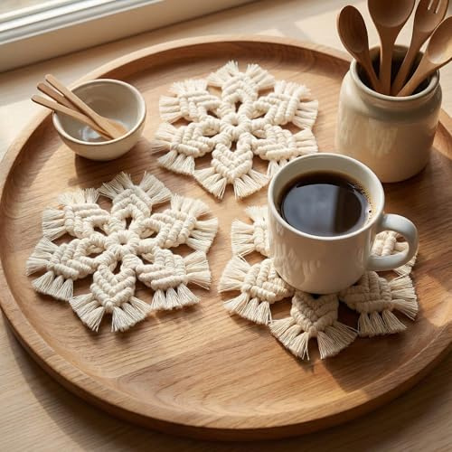 ACEDSGN Macrame Christmas Tree Ornaments Set of 6 Handmade Ornaments Snowflakes Xmas Indoor Mantel Hanging Decor Handwoven Dining Mat Coaster Placemats Holiday Winter Decorative
