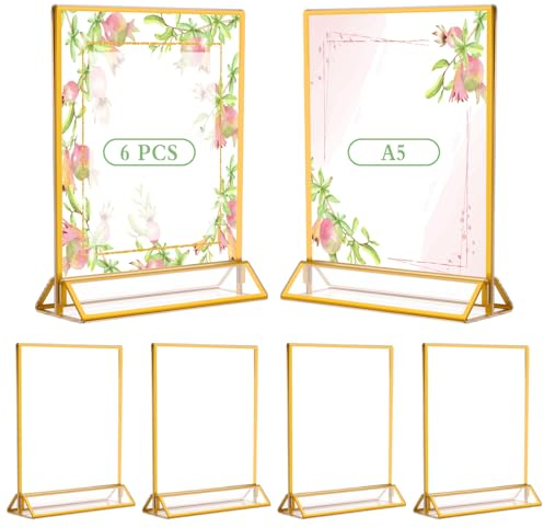 6 Stück Tischaufsteller A5 Bilderrahmen Goldenes,Doppelseitige Thekenaufsteller,21×15CM Acryl Aufsteller T-Ständer Werbeaufsteller für Hochzeit Tischnummern,Speisekartenhalter,Fotorahmen