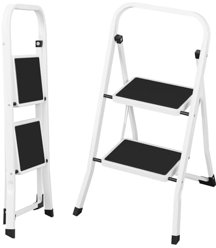 EUGAD Escabeau Pliant avec 2 Pédales, Échelle Domestique avec Marches et Pieds Antidérapants, Escabeau Portable, Marchepied Pliable, Facile à Ranger, Charge 150 kg, en Acier, Noir + Blanc