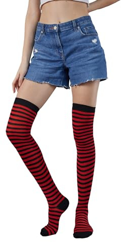 FGFD&OU Chaussettes Hautes Montantes Femme Chaussettes Hautes Rayées Chaudes Chauffantes Thermique Chaussettes Chaussettes de Genoux Longues Chaussettes de Noël Pour Filles (Noir et rouge)