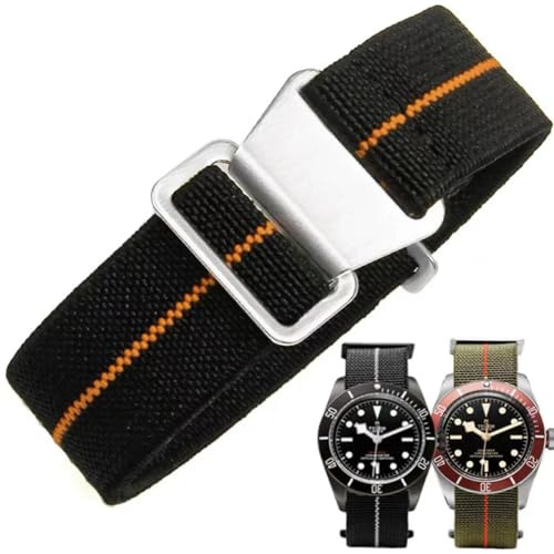 Elastiska klockarmband, nylon, militär, fallskärm, ersättningsarmband av tyg, med krok och spänne, svart/silver, herr och dam, 10 färger, 3 storlekar: 18/20/22 mm., 20mm, Nylon, Bärnsten
