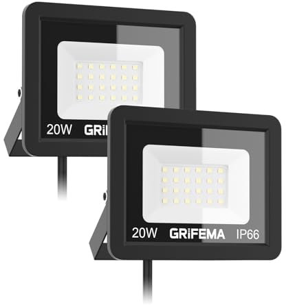 GRIFEMA GD401-2, Focos LED Exterior 2 Pcs, 20W 2200LM Foco Proyector LED, 24 LED 6500K Blanco Frío Floodlight para Casa, Garaje, Patio, Camino, Jardín